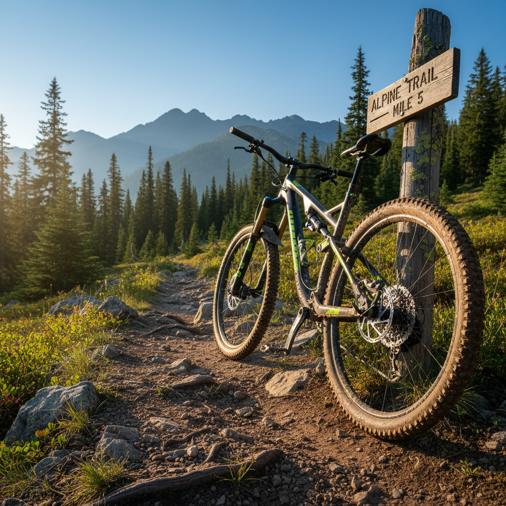 A rugged full-suspension mountain bike with a matte-black frame and bold neon-green accents leans against a weathered wooden trail marker at the edge of an alpine singletrack. Knobby tires are caked with fresh mud, and the metallic disc brakes gleam subtly. In the background, dense pine forest recedes into misty blue mountains under a crisp, clear sky. Late-afternoon golden light rakes across the scene, casting long shadows and emphasizing textures in rocks and roots. Photographic realism, captured from a low, three-quarter angle, with the bike dominating the right third of the frame and the winding trail leading the eye into the distance. The mood is bold, adventurous, and inspiring, celebrating nature, endurance, and the promise of challenging rides.