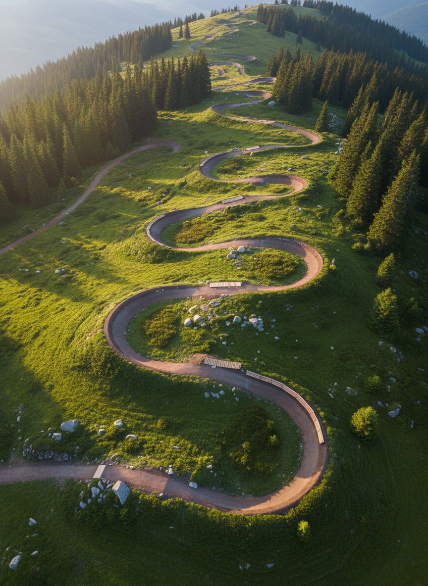 An aerial photographic view of a flowing mountainbike trail carving bold S-curves through a vibrant green hillside. The packed earth path cuts sharply through patches of moss, scattered rocks, and low shrubs, with small wooden berms and jumps visible along the route. Surrounding the trail, tall dark evergreens create strong contrast against the lighter meadow grass. Soft early-morning sunlight from the left side creates long, dramatic shadows that emphasize the trail’s contours and elevation changes. Shot from a high drone perspective with sharp focus throughout, the composition highlights the dynamic line of the trail as it snakes from foreground to distant ridge. The mood is energetic and ambitious, showcasing both the beauty of untouched nature and the athletic challenge of the terrain.