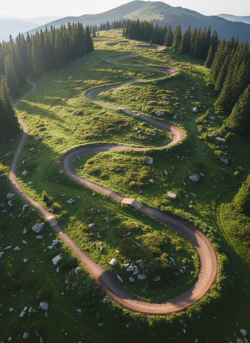 An aerial photographic view of a flowing mountainbike trail carving bold S-curves through a vibrant green hillside. The packed earth path cuts sharply through patches of moss, scattered rocks, and low shrubs, with small wooden berms and jumps visible along the route. Surrounding the trail, tall dark evergreens create strong contrast against the lighter meadow grass. Soft early-morning sunlight from the left side creates long, dramatic shadows that emphasize the trail’s contours and elevation changes. Shot from a high drone perspective with sharp focus throughout, the composition highlights the dynamic line of the trail as it snakes from foreground to distant ridge. The mood is energetic and ambitious, showcasing both the beauty of untouched nature and the athletic challenge of the terrain.