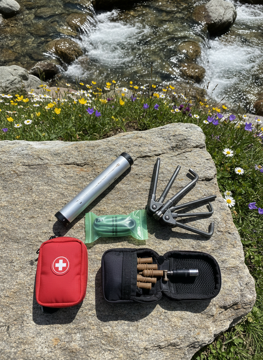 A compact trail toolkit for mountainbiking is laid out with precision on a flat slab of sun-warmed rock beside a flowing alpine stream. A sleek mini-pump, multi-tool with hex keys unfolded, tubeless repair plugs, spare tube, and a compact first-aid pouch form a neat, organized arrangement. Each item shows subtle wear from frequent use: scuffed aluminum, faint scratches, traces of dirt. Clear mountain water sparkles in the background, tumbling over smooth stones, with wildflowers adding spots of color along the bank. Bright, clean midday sunlight creates crisp, defined shadows and sharp reflections on metal edges. Photographic realism, shot from a top-down perspective with sharp focus throughout, giving a bold, practical, and prepared vibe that emphasizes safety, self-reliance, and readiness for long fitness-focused tours in the wild.