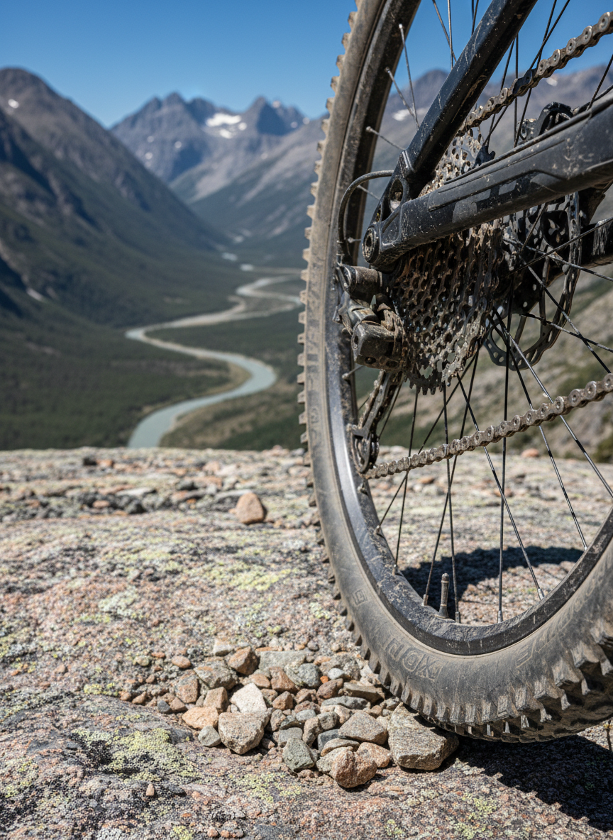 A close-up, photographic shot of a mountain bike’s drivetrain and rear wheel, coated with a fine layer of trail dust, resting on rough granite at a scenic lookout. The metallic cassette and chain shimmer with hints of grease, while the thick, aggressively treaded tire presses into small pebbles and lichen. Beyond the bike, slightly out of focus, stretches a sweeping valley with a winding river and distant, jagged peaks under a deep blue sky. Strong, crisp midday sunlight creates high contrast and sharp reflections on metal surfaces, underscoring power and precision. Captured from a low, side angle with shallow depth of field, the composition feels bold and technical, emphasizing the machinery that powers mountain adventures and fitness-focused rides.