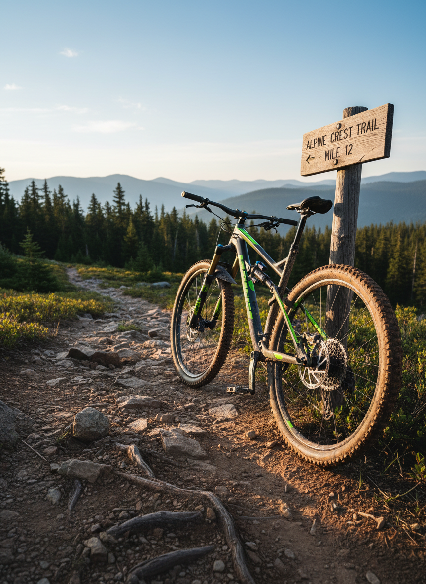A rugged full-suspension mountain bike with a matte-black frame and bold neon-green accents leans against a weathered wooden trail marker at the edge of an alpine singletrack. Knobby tires are caked with fresh mud, and the metallic disc brakes gleam subtly. In the background, dense pine forest recedes into misty blue mountains under a crisp, clear sky. Late-afternoon golden light rakes across the scene, casting long shadows and emphasizing textures in rocks and roots. Photographic realism, captured from a low, three-quarter angle, with the bike dominating the right third of the frame and the winding trail leading the eye into the distance. The mood is bold, adventurous, and inspiring, celebrating nature, endurance, and the promise of challenging rides.