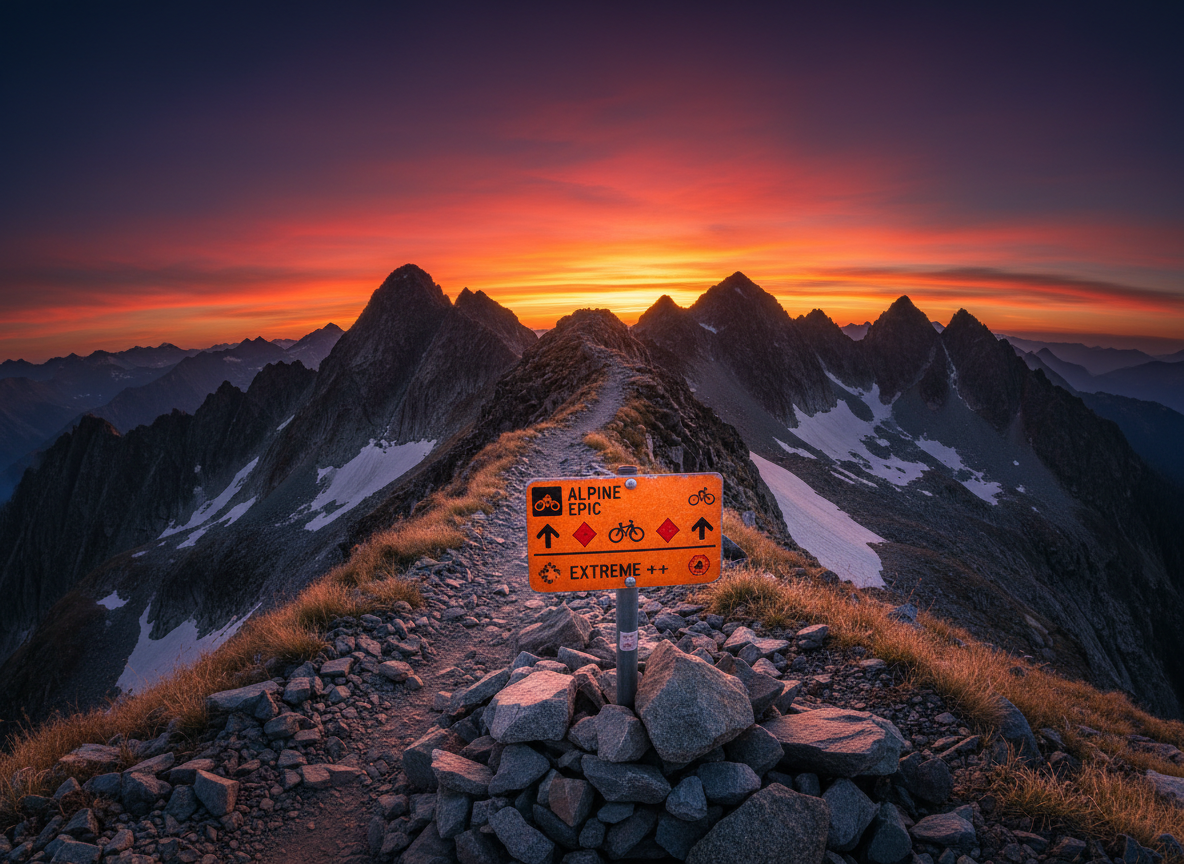 A panoramic, photographic view of a high-altitude mountain pass where a narrow rocky trail threads along a sharp ridgeline. In the foreground, a bright orange trail sign with MTB symbols and difficulty markings stands anchored in rough scree, its reflective surface catching slanting evening light. Jagged peaks frame both sides, while patches of lingering snow contrast against dark stone and golden alpine grass. The sky burns with a dramatic sunset gradient from fiery orange near the horizon to deep indigo above. Captured from eye level with wide-angle perspective, the trail leads boldly from the sign toward the glowing horizon. The atmosphere is powerful and awe-inspiring, embodying the raw challenge and reward of demanding mountainbiking tours that blend nature immersion with peak physical effort.